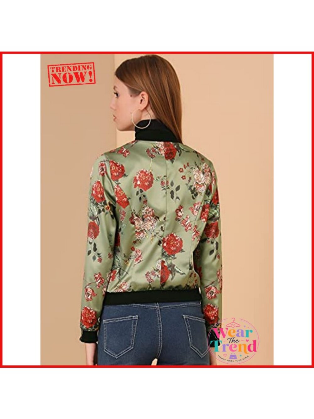 Allegra K Women's Bomber Jacket Satin Long Sleeve Floral Coat with Pocket - Picture 4 of 4